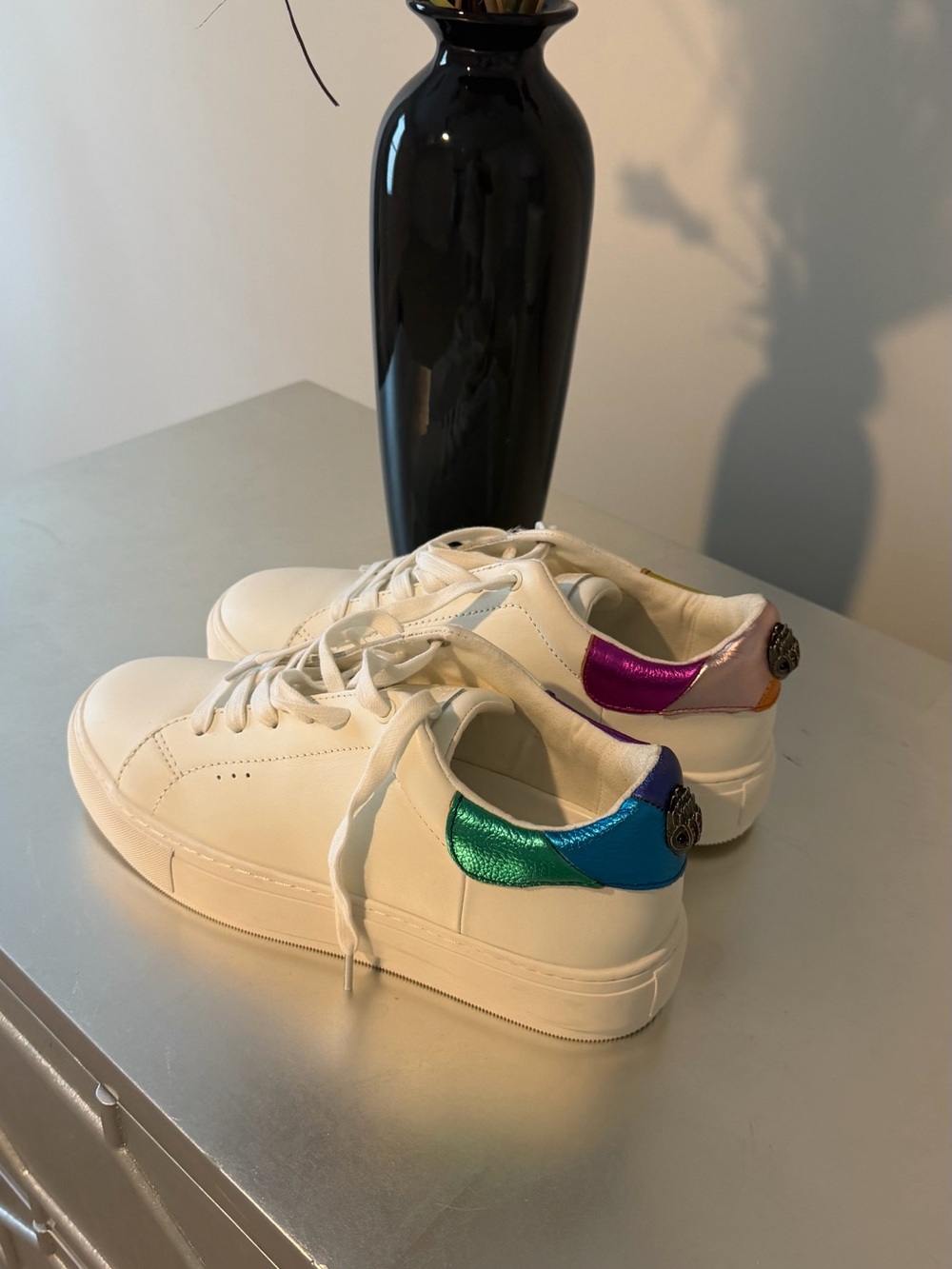 Kurt Geiger White Leather Sneakers with Metallic Multicolor Heel Tabs